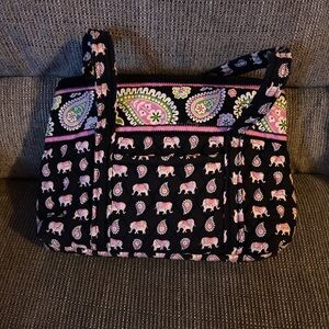 Quilted Black Tote with Pink Elephant & Paisley Print